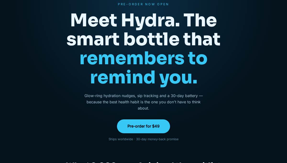 Hydra — smart bottle launch page